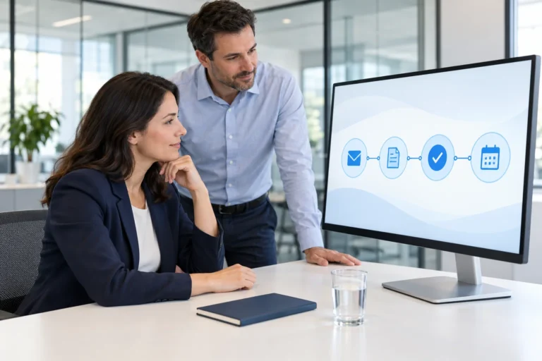 Illustration of office colleagues reviewing an AI workflow with a human approval step