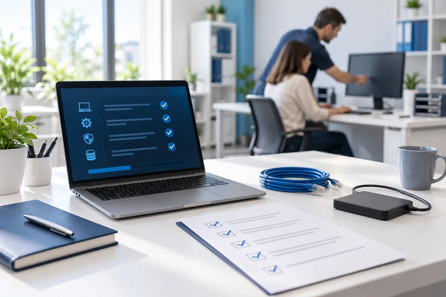 Illustration of a laptop, checklist, backup drive and network cable prepared for an office IT support visit