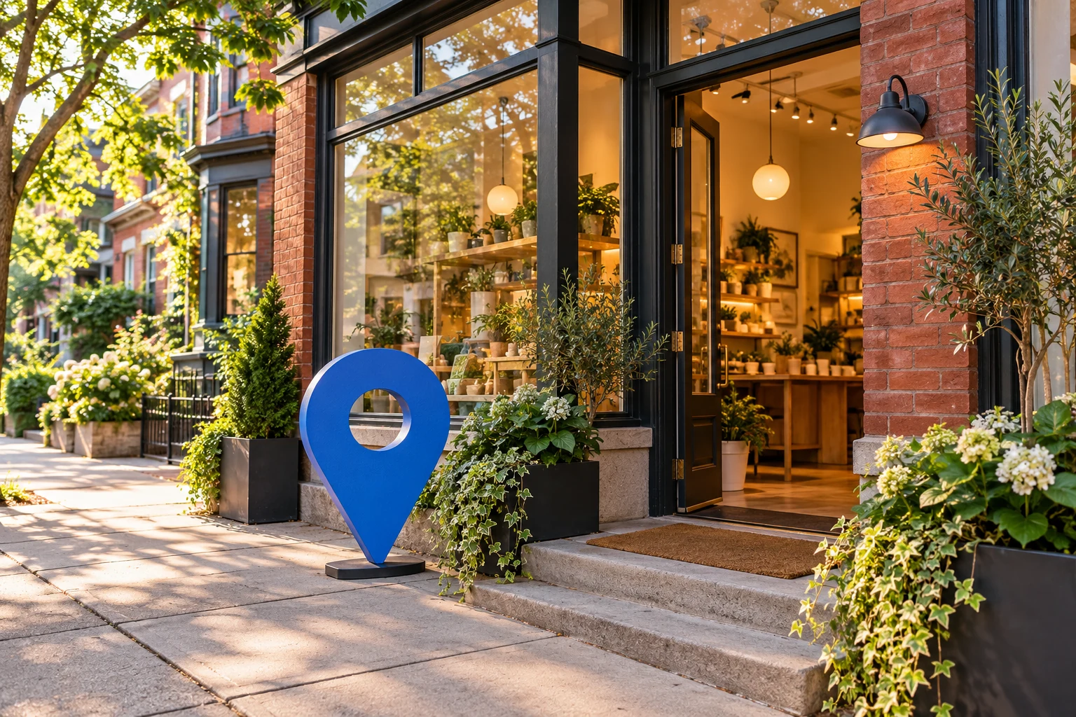 Neighbourhood storefront with a blue location pin