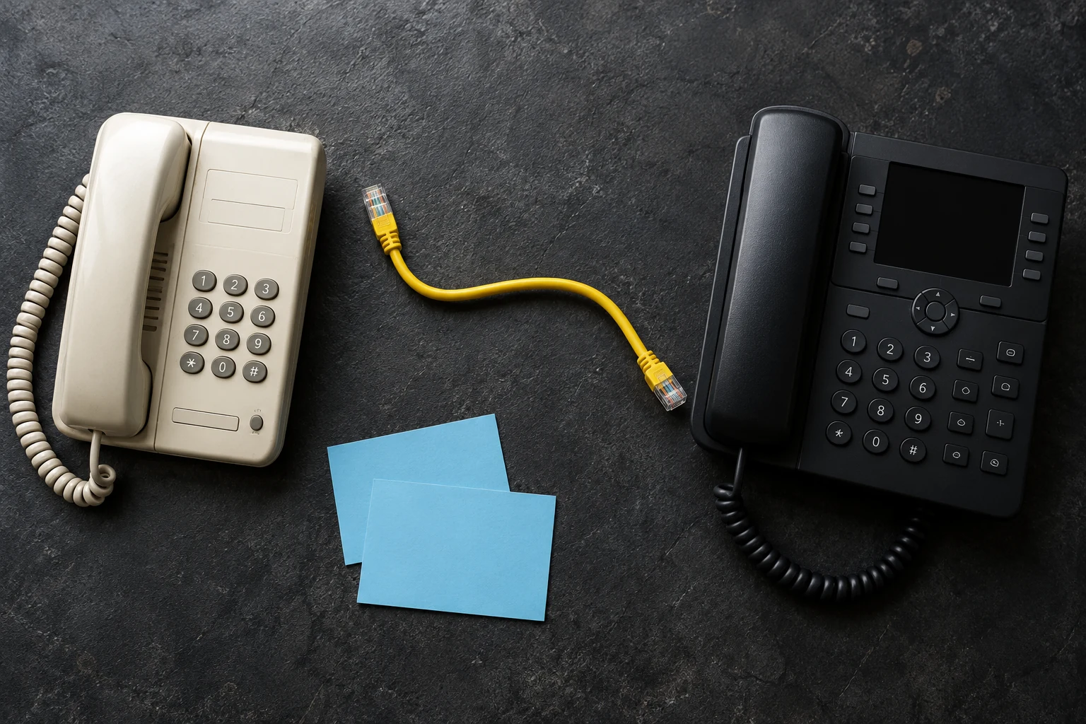 Older telephone beside an IP desk phone and Ethernet cable